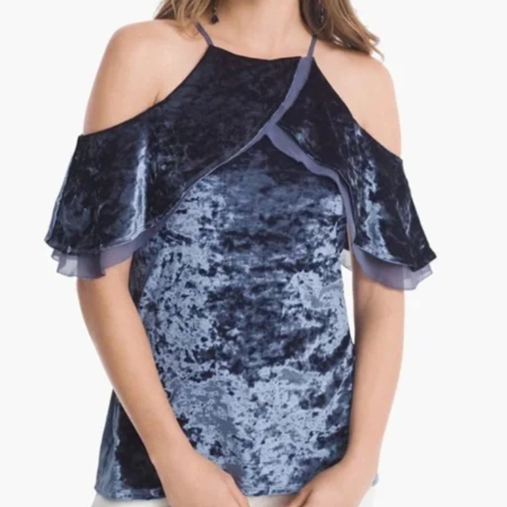 White House Black‎ Market Womens Blue Velvet Cold Shoulder Blouse M